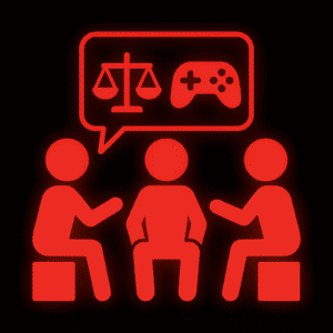 Leuchtend rotes Piktogramm von drei Personen, die im Gespräch auf Hockern sitzen. Über ihnen befindet sich eine große Sprechblase mit einer Waage – Symbol für Gerechtigkeit oder Ethik – und einem Gamecontroller. Die Darstellung steht für eine Diskussion oder einen Dialog über gesellschaftliche, rechtliche oder ethische Themen im Kontext von Videospielen. Der schwarze Hintergrund lässt die Symbole deutlich hervortreten.