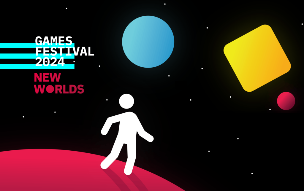 Das Bild bewirbt das Gamesfestival24 mit dem Thema New Worlds und zeigt einen Strichmenschen, der ins schwarze Universum und zu fremden Planeten blickt. Diese sind mit geometrischen Formen und verschiedenen Farben gestaltet.