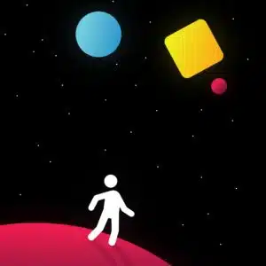 Das Bild bewirbt das Gamesfestival24 mit dem Thema New Worlds und zeigt einen Strichmenschen, der ins schwarze Universum und zu fremden Planeten blickt. Diese sind mit geometrischen Formen und verschiedenen Farben gestaltet.