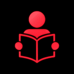 Leuchtend rotes Piktogramm einer stilisierten Person, die ein geöffnetes Buch in beiden Händen hält. Die Darstellung steht symbolisch für das Erzählen, Lesen oder Präsentieren von Geschichten – insbesondere im Kontext der Gamingwelt. Der schwarze Hintergrund lässt die roten Elemente klar hervortreten.