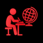 Eine rote stilisierte Figur sitzt an einem Tisch und schreibt in ein aufgeschlagenes Buch oder Heft. Daneben steht ein Globus, der auf internationale oder globale Themen hinweist. Der Hintergrund ist schwarz.