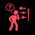 Leuchtend rotes Piktogramm einer nachdenklichen Person mit einer Denkblase, in der ein Fragezeichen erscheint. Rechts daneben sind Schieberegler-Symbole und eine stilisierte Nadel dargestellt – Symbole für Feinabstimmung und Balancing. Die Darstellung steht für Überlegungen zur Spielbalance, insbesondere zur Anpassung von Schwierigkeit und Fortschritt in Action-RPGs. Der schwarze Hintergrund hebt die roten Elemente deutlich hervor.