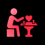 Leuchtend rotes Piktogramm einer sitzenden Person, die an einem stilisierten Spieltisch mit zwei Spielfiguren und einem großen Herz in der Mitte spielt. Die Szene vermittelt eine herzliche oder emotionale Komponente des Spiels – etwa soziale Interaktion, Empathie oder zwischenmenschliche Beziehungen in einem Brettspielkontext. Der schwarze Hintergrund hebt das rote Motiv deutlich hervor.