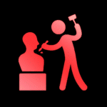 Leuchtend rotes Piktogramm einer stehenden Person mit Meißel und Hammer, die eine Büste bearbeitet. Die Figur ist dabei, ein Kunstwerk oder Modell zu formen, das auf einem Sockel steht. Die Darstellung symbolisiert kreatives Gestalten, insbesondere Bildhauerei oder Sculpting – sowohl traditionell als auch im digitalen Kontext. Der schwarze Hintergrund lässt die roten Elemente stark hervorstechen.