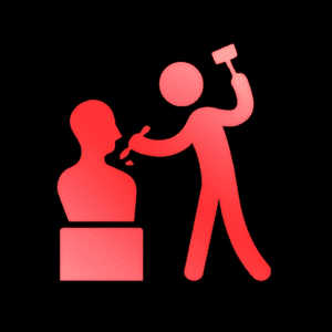 Leuchtend rotes Piktogramm einer stehenden Person mit Meißel und Hammer, die eine Büste bearbeitet. Die Figur ist dabei, ein Kunstwerk oder Modell zu formen, das auf einem Sockel steht. Die Darstellung symbolisiert kreatives Gestalten, insbesondere Bildhauerei oder Sculpting – sowohl traditionell als auch im digitalen Kontext. Der schwarze Hintergrund lässt die roten Elemente stark hervorstechen.