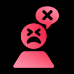 Leuchtend rotes Symbol eines stilisierten wütenden Gesichts mit zusammengekniffenen Augen und heruntergezogenen Mundwinkeln. Über dem Kopf schwebt eine Sprechblase mit einem großen „X“ – Symbol für Ablehnung, Hass oder verbale Aggression. Der schwarze Hintergrund hebt das rote Icon deutlich hervor. Die Darstellung verweist auf negative Emotionen oder Hassrede, insbesondere im digitalen Kontext.
