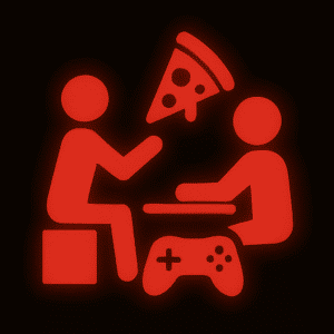 Leuchtend rotes Piktogramm von zwei stilisierten Personen, die an einem Tisch sitzen – eine auf einem Hocker, die andere auf einem Stuhl. Über ihnen schwebt ein Stück Pizza, darunter liegt ein Gamecontroller. Das Motiv symbolisiert ein geselliges Zusammensein mit Gaming und Verpflegung – typischerweise ein gemeinsamer Playtest oder eine Gaming-Session mit Pizza. Der schwarze Hintergrund verstärkt den leuchtenden Effekt.