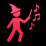 Leuchtend rotes Piktogramm einer Figur mit spitzem Zauberhut, die mit einem Zauberstab auf mehrere schwebende Musiknoten zeigt. Die Darstellung kombiniert visuelle Elemente von Magie und Musik und steht symbolisch für eine klangbasierte, fantasievolle Spielerfahrung – etwa ein magisches Musikspiel oder eine kreative Soundperformance. Der schwarze Hintergrund lässt die roten Symbole deutlich hervortreten.