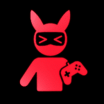 Rotes Symbol einer Person mit Hasenohren und Anime-Maske auf schwarzem Hintergrund. Die Figur hält einen Game-Controller in der Hand. Die Darstellung steht sinnbildlich für eine Veranstaltung oder Aktivität rund um Anime-Gaming.