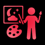 Leuchtend rotes Piktogramm einer stehenden Person mit Pinsel und Farbpalette vor einem Gemälde. Das Bild auf der Leinwand zeigt eine nächtliche Szene mit Mond, Wolke und Sternen. Die Szene symbolisiert kreatives Schaffen, digitale Kunst oder Community-Kunstprojekte – etwa im Rahmen von „Dreams“-Plattformen oder offenen Werkräumen. Der schwarze Hintergrund hebt die roten Elemente klar hervor.