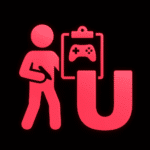 Leuchtend rotes Piktogramm einer stehenden Person mit einem Stift oder Eingabegerät in der Hand. Vor ihr ein Klemmbrett mit einem Gamecontroller-Symbol. Rechts daneben ein großes, stilisiertes „U“, das wie eine offene Spielfläche wirkt. Im Hintergrund sind angedeutete Balkendiagramme zu sehen. Das Motiv steht für kreatives Gamedesign, Mitgestaltung und User-zentrierte Spielentwicklung. Der schwarze Hintergrund lässt die roten Elemente klar hervortreten.