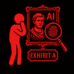 Rotes Bild mit einem Piktogramm einer denkenden Person vor einem eingerahmten Bild eines römischen Kaisers. Darüber steht "AI". Daneben ist ein Fingerabdruck unter einer Lupe zu sehen. Darunter der Text „EXHIBIT A“.