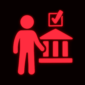 Rotes Symbol einer Person neben einem stilisierten Gebäude mit Säulen. Über dem Gebäude befindet sich ein markiertes Kontrollkästchen.