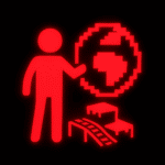 Leuchtend rotes Symbol einer stehenden Person, die auf eine stilisierte, pixelartige Weltkugel zeigt – mit klar erkennbaren Kontinenten in Blockform. Darunter befinden sich Plattform-Elemente und eine Rampe, wie sie aus Videospielen im Retro-Stil bekannt sind. Der schwarze Hintergrund hebt den leuchtenden, digitalen Charakter der Darstellung hervor.
