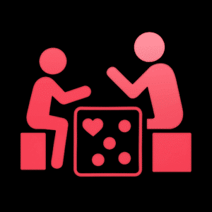 Zwei stilisierte Figuren sitzen sich an einem Tisch gegenüber. Auf dem Tisch befinden sich ein Herzsymbol und mehrere Kreise.