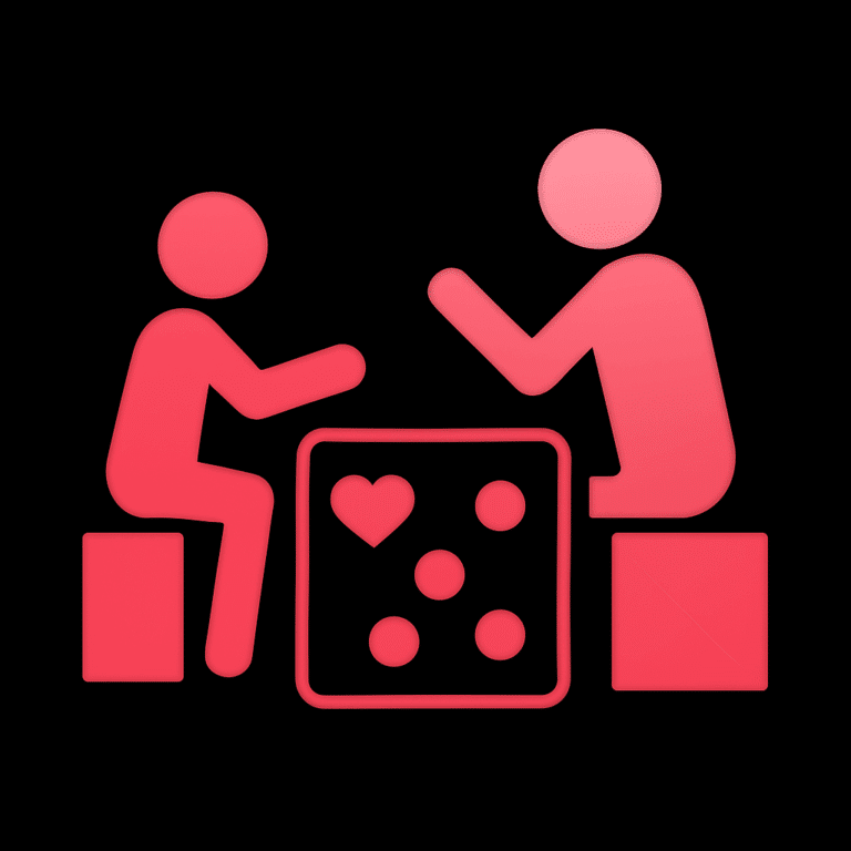 Zwei stilisierte Figuren sitzen sich an einem Tisch gegenüber. Auf dem Tisch befinden sich ein Herzsymbol und mehrere Kreise.