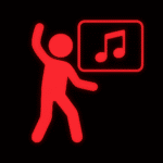 Ein leuchtend rotes Piktogramm einer Person mit erhobenem Arm und Bein suggeriert Tanz oder Bewegung. Rechts daneben befindet sich ein rechteckiger Rahmen mit zwei Noten, die Musik oder Rhythmus symbolisieren. Das gesamte Design ist auf einem schwarzen Hintergrund mit neonrotem Effekt platziert und schafft so eine lebendige und energiegeladene Atmosphäre.