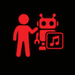 Ein rotes Symbol auf schwarzem Hintergrund zeigt eine stilisierte menschliche Figur neben einem Roboter. Zwischen ihnen ist ein Symbol mit einer Musiknote sichtbar.