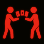 Zwei rote Piktogramme von Personen stehen sich gegenüber und scheinen Karten in der Hand zu halten. Die Karten sind ebenfalls rot und zeigen einfache Symbole. Der Hintergrund ist schwarz.