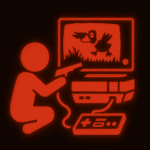 Ein stilisiertes Bild in roter Leuchtschrift zeigt eine Figur, die in die Hocke geht und mit einer Pistolen-ähnlichen Lichtpistole auf einen Fernseher zielt. Auf dem Bildschirm ist ein Entenmotive in einem Jagdspiel zu sehen. Unter dem Fernseher befindet sich eine Spielkonsole und ein Controller.