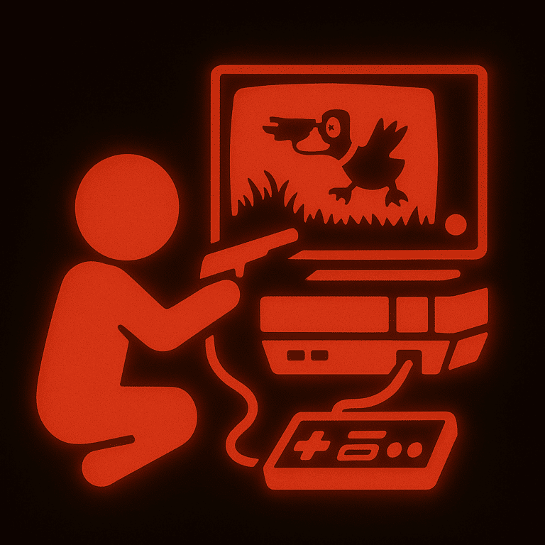 Ein stilisiertes Bild in roter Leuchtschrift zeigt eine Figur, die in die Hocke geht und mit einer Pistolen-ähnlichen Lichtpistole auf einen Fernseher zielt. Auf dem Bildschirm ist ein Entenmotive in einem Jagdspiel zu sehen. Unter dem Fernseher befindet sich eine Spielkonsole und ein Controller.