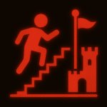 Ein stilisiertes Symbol in Rot, das eine Person zeigt, die eine Treppe zu einem Turm mit einer Fahne hinaufgeht. Der Hintergrund ist dunkel.