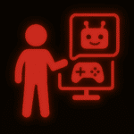 Leuchtend rotes Piktogramm einer stehenden Person, die auf einen Bildschirm zeigt. Auf dem Bildschirm ist ein Gamecontroller zu sehen, darüber in einer Sprechblase ein stilisiertes, freundlich lächelndes Roboter-Gesicht mit Antennen. Das Bild symbolisiert die Verbindung von Gaming und Künstlicher Intelligenz, etwa im Rahmen eines interaktiven Workshops oder Experiments. Der schwarze Hintergrund verstärkt den leuchtenden Effekt.