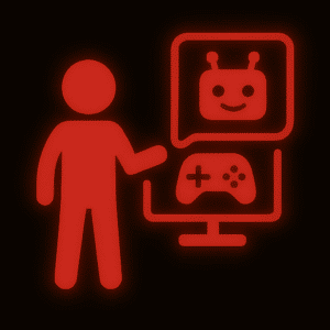 Leuchtend rotes Piktogramm einer stehenden Person, die auf einen Bildschirm zeigt. Auf dem Bildschirm ist ein Gamecontroller zu sehen, darüber in einer Sprechblase ein stilisiertes, freundlich lächelndes Roboter-Gesicht mit Antennen. Das Bild symbolisiert die Verbindung von Gaming und Künstlicher Intelligenz, etwa im Rahmen eines interaktiven Workshops oder Experiments. Der schwarze Hintergrund verstärkt den leuchtenden Effekt.