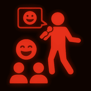 Leuchtend rotes Piktogramm einer stehenden Person mit Mikrofon, die offenbar eine Show oder Präsentation hält. Vor ihr sitzen drei stilisierte Personen als Publikum. Darüber sind ein lachendes Gesicht in einer Sprechblase und ein großes Emoji mit lachendem Gesicht zu sehen. Die Darstellung steht sinnbildlich für eine Comedyshow oder humorvolle Bühnenperformance. Der schwarze Hintergrund lässt die roten Symbole besonders stark hervortreten.