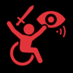 Leuchtend rotes Piktogramm einer Person im Rollstuhl mit erhobenen Armen. In der einen Hand hält sie ein Schwert, in der anderen ist ein großes Auge mit drei Signalwellen dargestellt – ein Symbol für Augentracking oder Sehsensorik. Die Darstellung vermittelt barrierefreies Gaming mit unterstützender Technologie. Der schwarze Hintergrund lässt das Motiv stark leuchten.