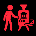 Leuchtend rotes Piktogramm einer stehenden Person, die ihre Hand auf eine stilisierte Maschine legt. Die Maschine zeigt ein klassisches Säulenhaus-Symbol (als Zeichen für Demokratie oder Institutionen), zwei Auswahlknöpfe und ein Häkchensymbol neben einem Ausgabeschlitz. Das Bild steht symbolisch für demokratische Entscheidungsfindung durch Mitwirkung oder Abstimmung. Der schwarze Hintergrund verstärkt den leuchtenden Effekt der roten Symbole.