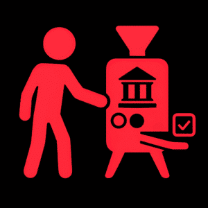Leuchtend rotes Piktogramm einer stehenden Person, die ihre Hand auf eine stilisierte Maschine legt. Die Maschine zeigt ein klassisches Säulenhaus-Symbol (als Zeichen für Demokratie oder Institutionen), zwei Auswahlknöpfe und ein Häkchensymbol neben einem Ausgabeschlitz. Das Bild steht symbolisch für demokratische Entscheidungsfindung durch Mitwirkung oder Abstimmung. Der schwarze Hintergrund verstärkt den leuchtenden Effekt der roten Symbole.