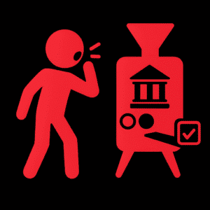 Leuchtend rotes Piktogramm einer Person, die spricht oder ruft – symbolisiert durch Schallwellen am Mund – in Richtung einer stilisierten Maschine. Die Maschine zeigt ein klassisches Säulensymbol (für Demokratie oder Institution), diverse Schaltflächen und ein Häkchensymbol – als Zeichen für Auswahl oder Abstimmung. Die Darstellung steht sinnbildlich für Mitbestimmung, demokratische Prozesse oder einen interaktiven Beteiligungs-Workshop. Der schwarze Hintergrund lässt die roten Elemente deutlich hervortreten.
