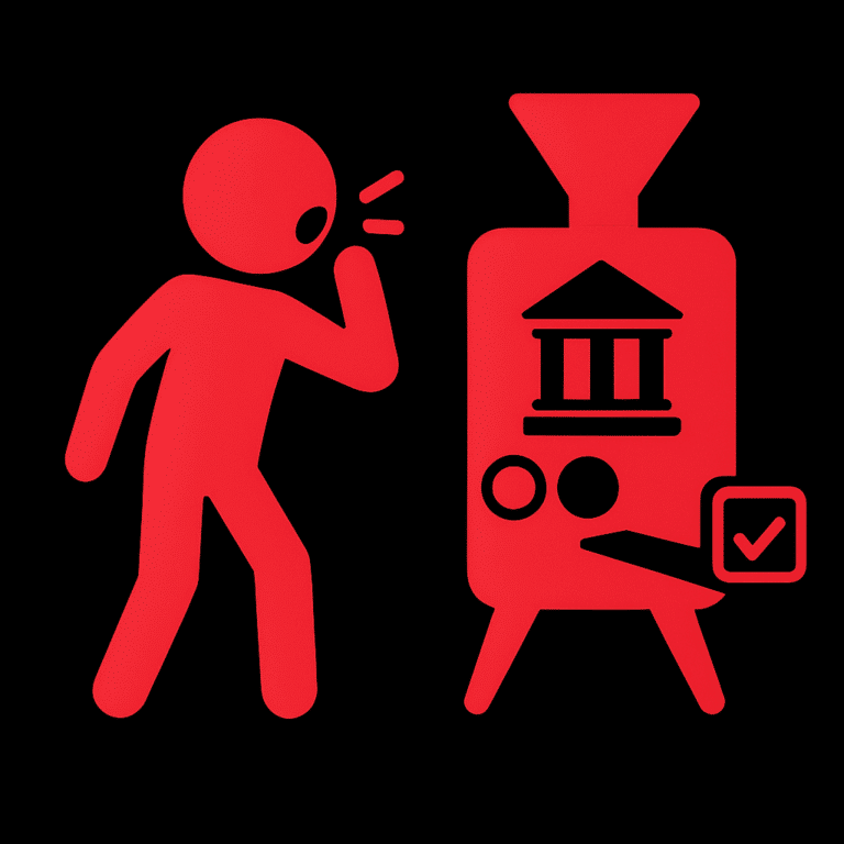 Leuchtend rotes Piktogramm einer Person, die spricht oder ruft – symbolisiert durch Schallwellen am Mund – in Richtung einer stilisierten Maschine. Die Maschine zeigt ein klassisches Säulensymbol (für Demokratie oder Institution), diverse Schaltflächen und ein Häkchensymbol – als Zeichen für Auswahl oder Abstimmung. Die Darstellung steht sinnbildlich für Mitbestimmung, demokratische Prozesse oder einen interaktiven Beteiligungs-Workshop. Der schwarze Hintergrund lässt die roten Elemente deutlich hervortreten.