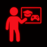 Leuchtend rotes Piktogramm einer stehenden Person, die auf einen Bildschirm zeigt. Auf dem Bildschirm sind ein Gamecontroller und ein klassischer akademischer Abschlusshut (Doktorhut) dargestellt. Das Symbol steht für die Verbindung von Bildung und Gaming, etwa durch Lerninhalte in Videospielen oder spielbasiertes Lernen. Der schwarze Hintergrund hebt die leuchtenden roten Elemente deutlich hervor.