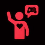 Leuchtend rotes Piktogramm einer Person mit erhobenem Arm und einem Herzsymbol auf der Brust – Ausdruck von Engagement oder Leidenschaft. Rechts neben dem Kopf befindet sich eine Sprechblase mit einem Gamecontroller-Symbol, was auf eine Äußerung oder ein Gespräch über Videospiele hindeutet. Der schwarze Hintergrund hebt die rote Darstellung stark hervor.