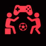 Leuchtend rotes Piktogramm von zwei stilisierten Personen, die sich gegenüber sitzen oder hocken und zwischen sich einen Fußball haben. Über ihnen schwebt ein großer Gamecontroller – Symbol für ein Fußballturnier an der Spielkonsole. Der schwarze Hintergrund verstärkt den rot leuchtenden Effekt und vermittelt die Verbindung zwischen Sport und Gaming.