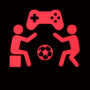 Leuchtend rotes Piktogramm von zwei stilisierten Personen, die sich gegenüber sitzen oder hocken und zwischen sich einen Fußball haben. Über ihnen schwebt ein großer Gamecontroller – Symbol für ein Fußballturnier an der Spielkonsole. Der schwarze Hintergrund verstärkt den rot leuchtenden Effekt und vermittelt die Verbindung zwischen Sport und Gaming.