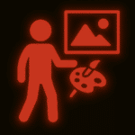Leuchtend rotes Piktogramm einer stehenden Person mit einer Farbpalette und einem Pinsel in der Hand. Neben ihr hängt ein gerahmtes Bild mit einer stilisierten Landschaft, bestehend aus einem Berg und einer Sonne oder einem Mond. Das Symbol steht für künstlerisches Schaffen, Malerei oder digitale Kunst im Rahmen eines kreativen Events. Der schwarze Hintergrund lässt die rote Darstellung intensiv leuchten.