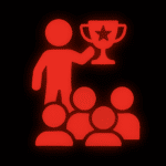Leuchtend rotes Piktogramm einer Person, die einen Pokal mit Sternsymbol hochhält, während sie erhöht vor einer Gruppe von vier weiteren stilisierten Personen steht. Die Szene stellt eine Preisverleihung oder Auszeichnung dar, bei der eine einzelne Person für besondere Leistungen gewürdigt wird. Der schwarze Hintergrund betont die strahlende rote Darstellung.