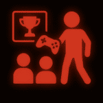 Leuchtend rotes Piktogramm einer stehenden Person mit einem Gamecontroller in der Hand. Vor ihr sitzen zwei stilisierte Personen als Publikum oder Jury. Oben links ist ein Bildschirm mit einem Pokalsymbol zu sehen – ein Hinweis auf eine Preisverleihung oder Bewertung. Die Darstellung symbolisiert einen Playtest oder ein Präsentationsformat im Rahmen eines Wettbewerbs, z. B. für einen Spielepreis. Der schwarze Hintergrund lässt die roten Elemente intensiv leuchten.