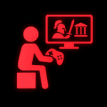 Leuchtend rotes Piktogramm einer sitzenden Person mit einem Gamecontroller in der Hand, die auf einen Monitor blickt. Auf dem Bildschirm sind ein antiker Krieger mit Helm und Schwert sowie ein klassisches Säulengebäude dargestellt – Symbol für Geschichte oder antike Zivilisation. Das Motiv steht für den Einsatz von historischen Videospielen im Bildungskontext. Der schwarze Hintergrund lässt die roten Elemente deutlich leuchten.