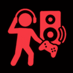 Leuchtend rotes Piktogramm einer Person mit Kopfhörern auf dem Kopf, die in einer Hand einen Gamecontroller hält. Neben ihr steht ein großer Lautsprecher mit zwei sichtbaren Membranen und Schallwellen, die rechts davon abstrahlen – Symbol für Gaming mit starkem Audiofokus oder Hörspielerlebnis. Der schwarze Hintergrund unterstreicht den leuchtenden, immersiven Charakter der Darstellung.