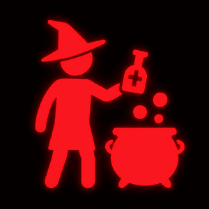 Rotes Piktogramm einer Person mit Hexenhut, die eine Flasche mit einem Kreuz darauf hält und in einen dampfenden Kessel gießt.