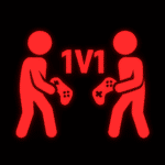 Leuchtend rotes Piktogramm von zwei stilisierten Personen, die sich gegenüberstehen und jeweils einen Gamecontroller in der Hand halten. Zwischen ihnen steht in großen Buchstaben „1V1“, was auf ein direktes Eins-gegen-Eins-Videospielduell hinweist. Der schwarze Hintergrund lässt das rot leuchtende Motiv stark hervortreten.