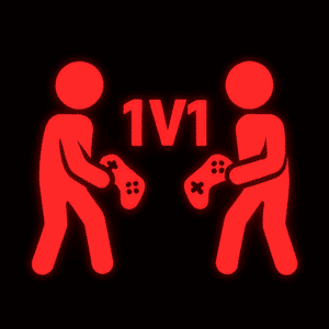 Leuchtend rotes Piktogramm von zwei stilisierten Personen, die sich gegenüberstehen und jeweils einen Gamecontroller in der Hand halten. Zwischen ihnen steht in großen Buchstaben „1V1“, was auf ein direktes Eins-gegen-Eins-Videospielduell hinweist. Der schwarze Hintergrund lässt das rot leuchtende Motiv stark hervortreten.