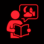 Leuchtend rotes Symbol einer Person, die ein geöffnetes Buch hält. Aus dem Buch heraus führt eine Sprechblase nach oben rechts, in der ein Halbmond, eine Wolke und ein Schloss oder eine Burg dargestellt sind – ein Hinweis auf eine nächtliche Erzählung oder Fantasiegeschichte. Der Hintergrund ist schwarz, wodurch das rote Glühen des Motivs besonders hervorsticht.