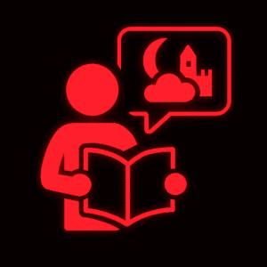 Leuchtend rotes Symbol einer Person, die ein geöffnetes Buch hält. Aus dem Buch heraus führt eine Sprechblase nach oben rechts, in der ein Halbmond, eine Wolke und ein Schloss oder eine Burg dargestellt sind – ein Hinweis auf eine nächtliche Erzählung oder Fantasiegeschichte. Der Hintergrund ist schwarz, wodurch das rote Glühen des Motivs besonders hervorsticht.