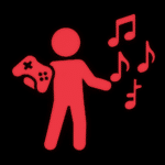 Leuchtend rotes Piktogramm einer stehenden Person mit einem Gamecontroller in der linken Hand. Aus ihrer rechten Seite steigen mehrere Musiknoten empor – ein Symbol für die Verbindung von Videospielen und Musik. Der schwarze Hintergrund lässt das Motiv in kräftigem Rot leuchten und betont den kreativen, audiovisuellen Aspekt von Game Design.