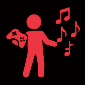 Leuchtend rotes Piktogramm einer stehenden Person mit einem Gamecontroller in der linken Hand. Aus ihrer rechten Seite steigen mehrere Musiknoten empor – ein Symbol für die Verbindung von Videospielen und Musik. Der schwarze Hintergrund lässt das Motiv in kräftigem Rot leuchten und betont den kreativen, audiovisuellen Aspekt von Game Design.